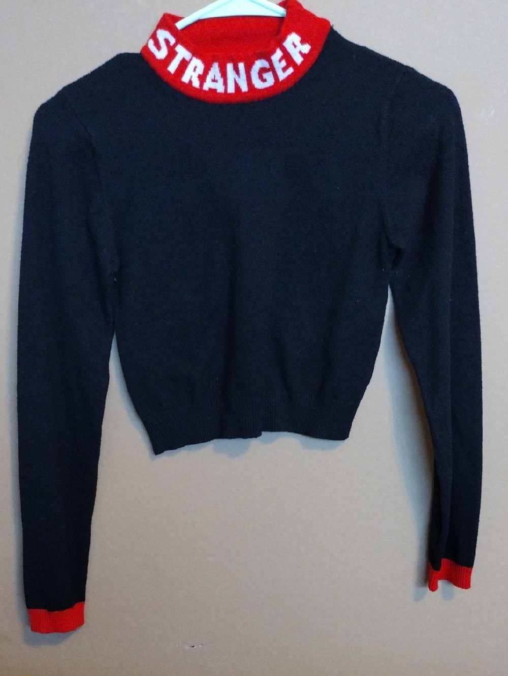 Forever 21 Black Cropped Sweater with Red 'STRANGER' Collar